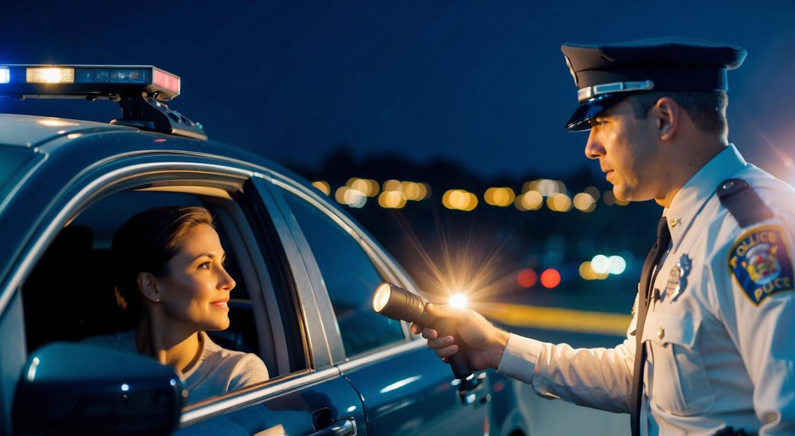 A person in a car being pulled over by a police officer at night, with the officer shining a flashlight into the car