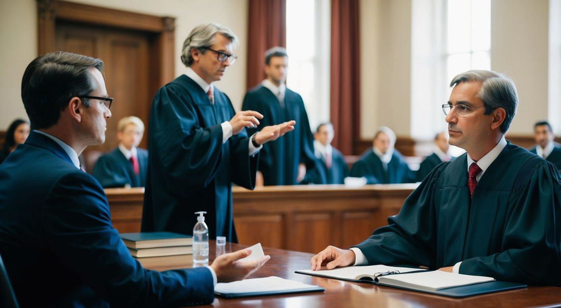 A courtroom with a judge and defendant, lawyer presenting evidence