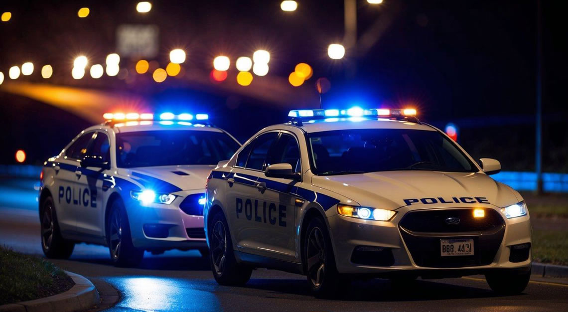 A police car pulls over a car on the side of the road at night, with flashing lights illuminating the scene